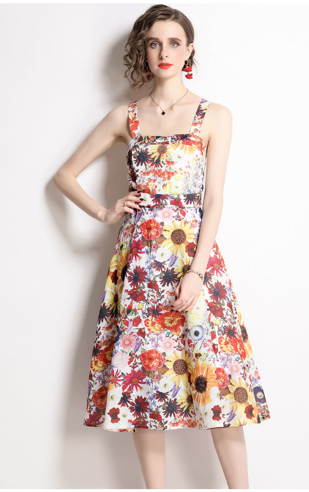 Fashion Holiday Style Floral Dress Vintage Print Suspender Skirt MIDI Skirt