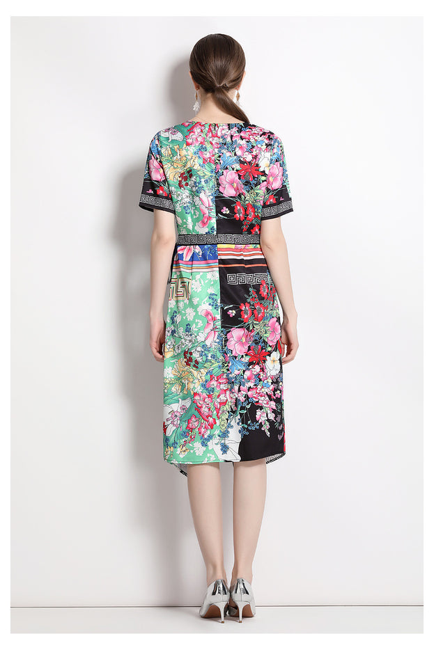 Vintage Print Print MIDI Dress with Waist Drawstring for Slimming