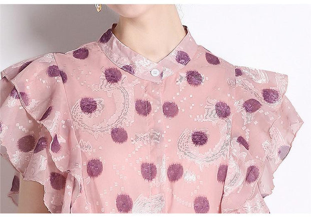 Wave Point Stand-Up Collar Lotus Leaf Sleeve Closed Waist Large Swing Temperament MIDI Dress