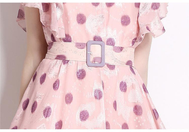 Wave Point Stand-Up Collar Lotus Leaf Sleeve Closed Waist Large Swing Temperament MIDI Dress