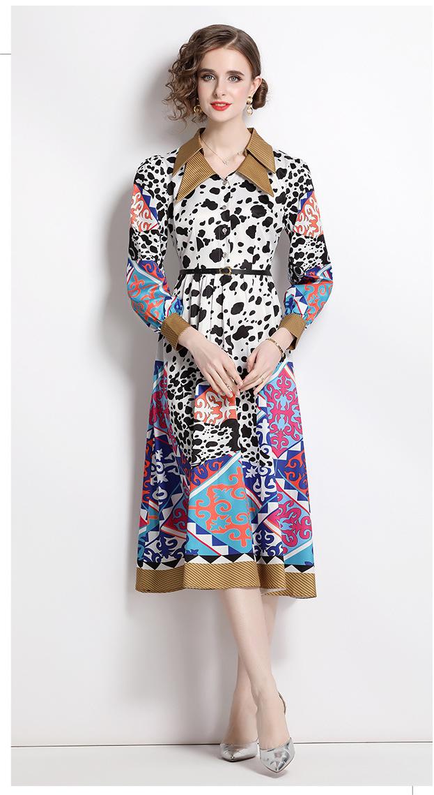 Fashion Vintage Print Dress Lapel Long-Sleeved Temperament Slim MIDI