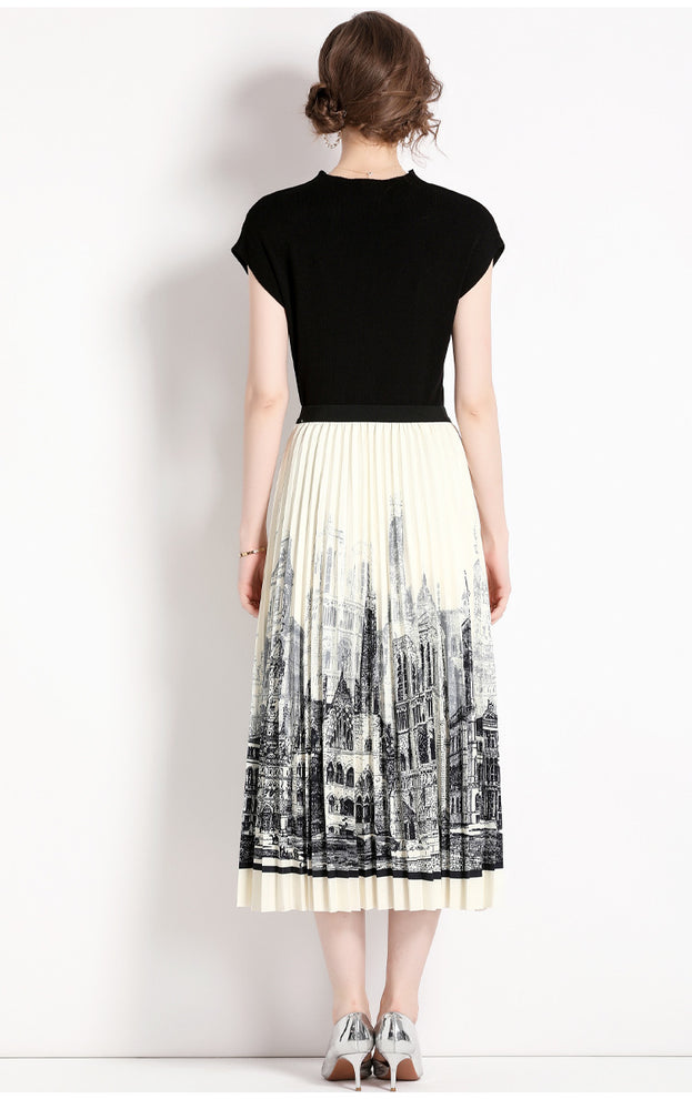 Black Knit and High-Waisted Printed Skirt Two-piece Set Dress