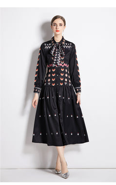 Fashion Print Vintage Lapel Long-Sleeved Slim-Looking Long Skirt Dress