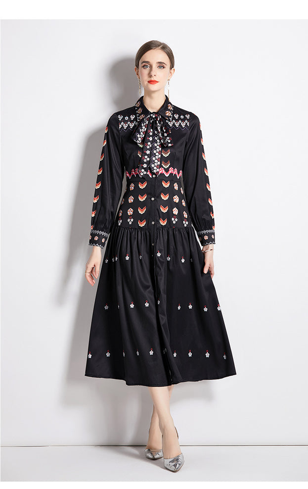 Fashion Print Vintage Lapel Long-Sleeved Slim-Looking Long Skirt Dress