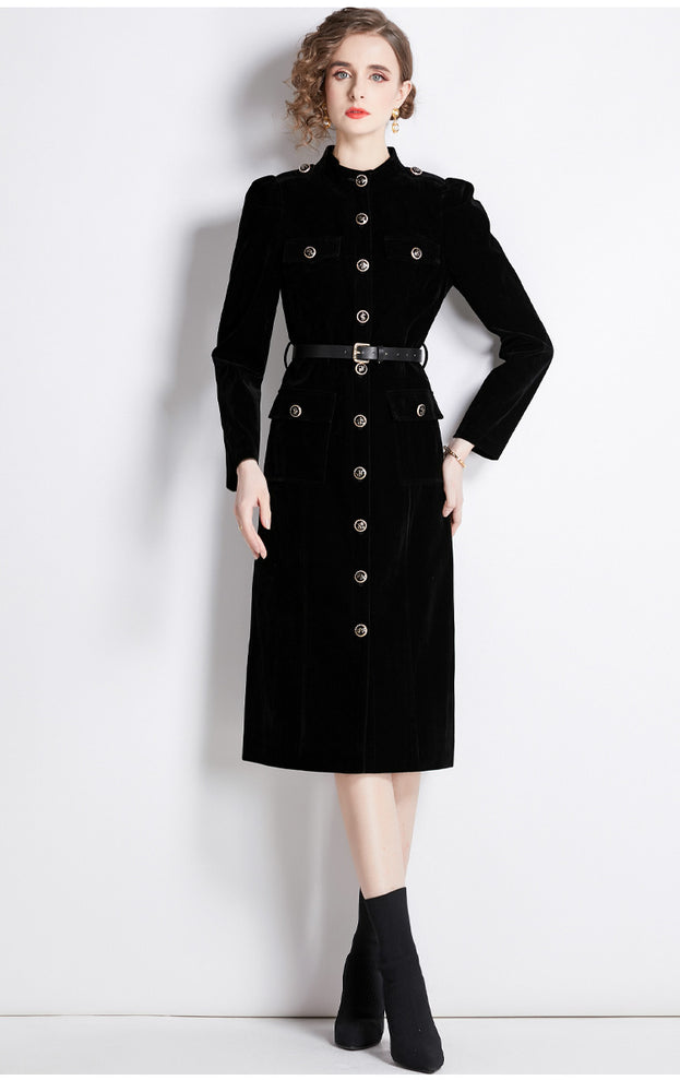 Temperament Retro Long-Sleeved Thickened Velvet Outerwear Dress