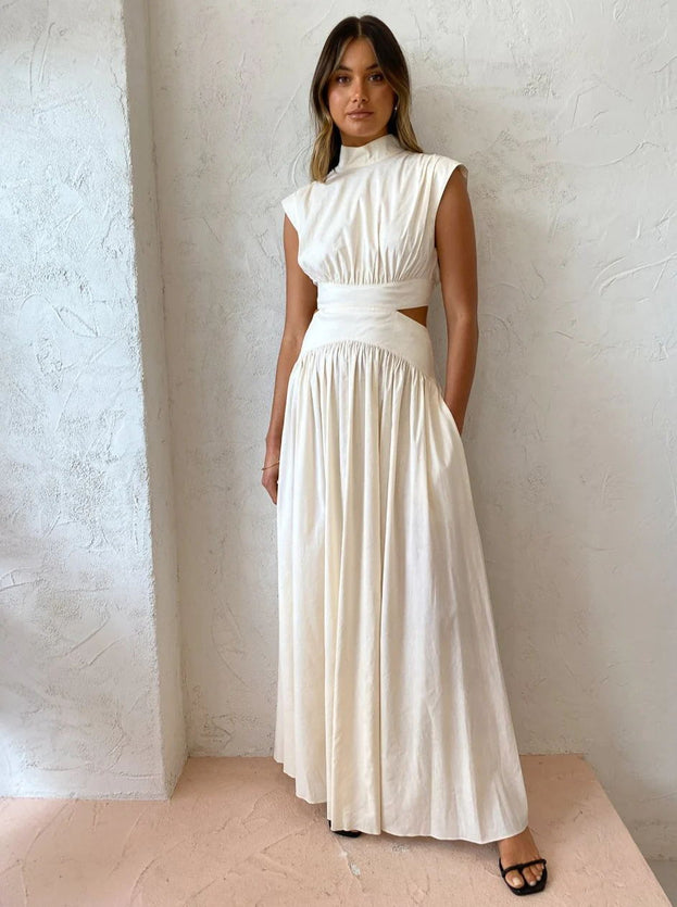 Summer Casual High-Neck Waisted Cutout Pleated Short Sleeve Dress for Women