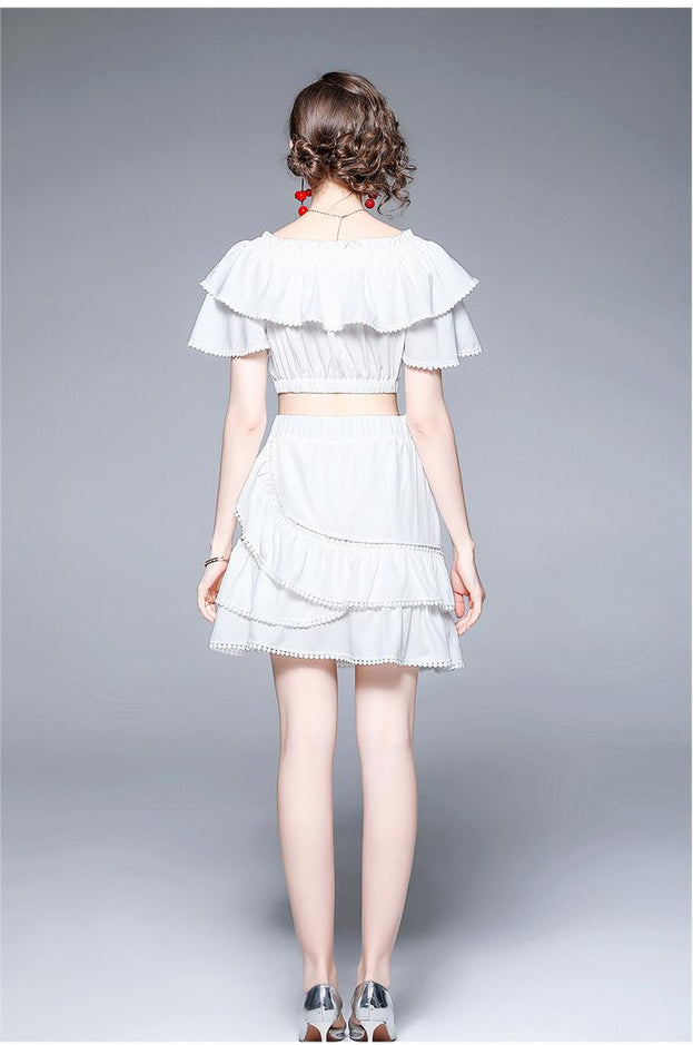 One Line Shoulder Wipe Chest Top and A Line Half Skirt Net Red Two-Piece Set