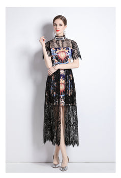 Vintage Temperament Lace Patchwork Printed Stand Collar Short Sleeve Long Skirt Dress