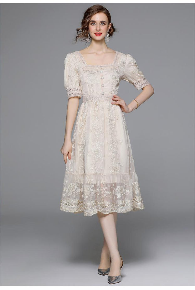Vintage Embroidered Dress Square Neck Short Sleeve Slim MIDI Waist Tucked in