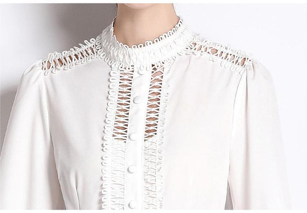 Fashion Temperament Stand-Up Collar Lantern Sleeve Hollowed Out Flower High Waist Celebrity Dress