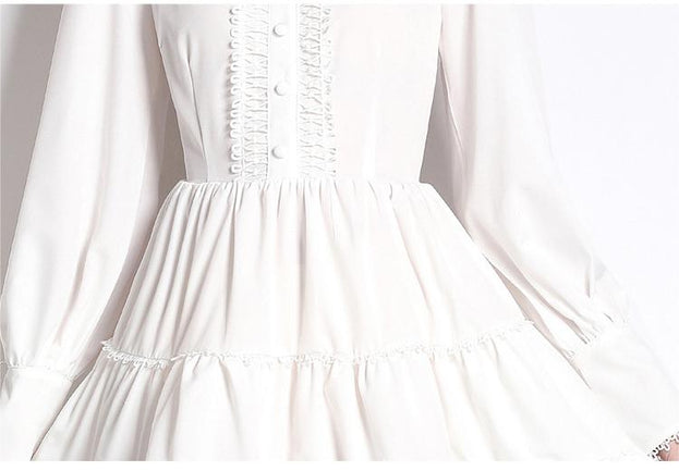 Fashion Temperament Stand-Up Collar Lantern Sleeve Hollowed Out Flower High Waist Celebrity Dress