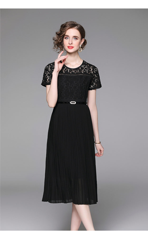 Elegant Crewneck Short Sleeve Lace Patchwork Pleated Dress