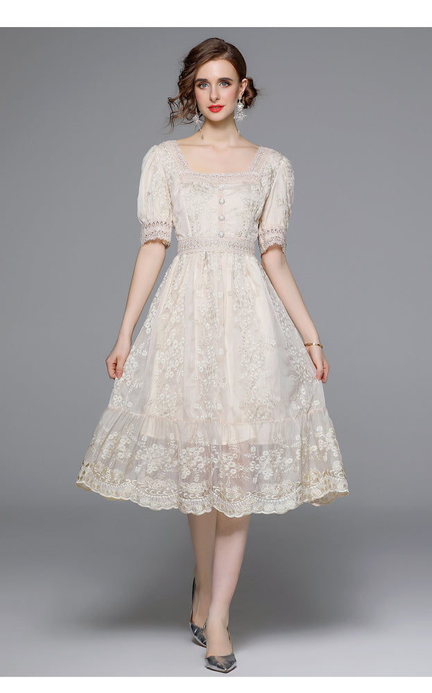 Vintage Embroidered Dress Square Neck Short Sleeve Slim MIDI Waist Tucked in