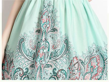 Vintage Printed V-Neck Sleeveless Slim A-Line Skirt Dress
