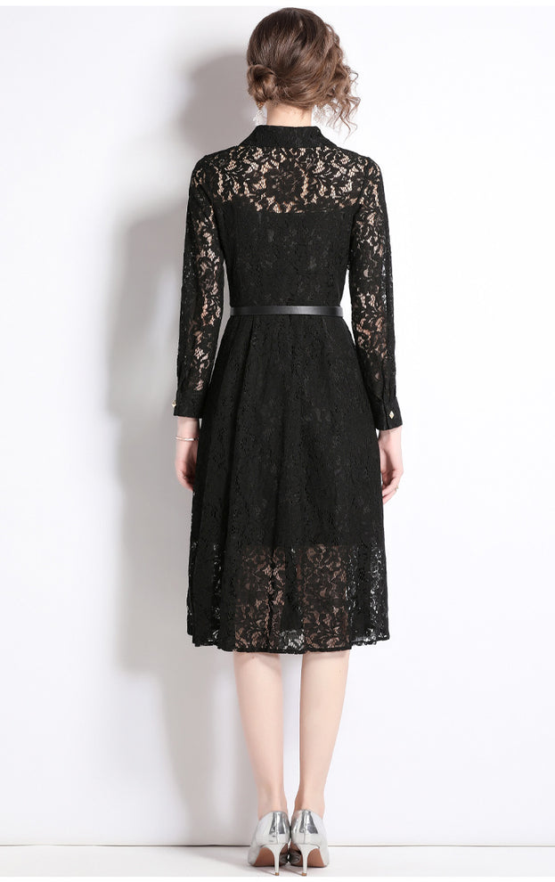 Long-Sleeved Lace Hem Pressed Pleated Metal Buckle Decoration Hollowed Out Mid-Length Dress