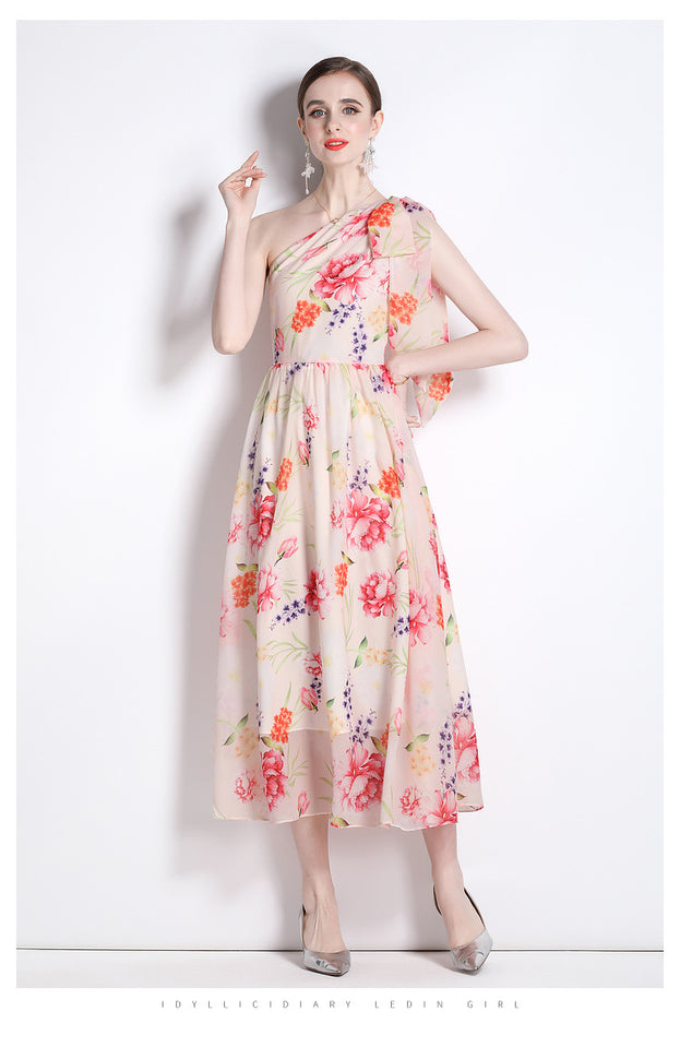 Fashion Resort Ethos Oblique Shoulder Lace-Up Print Full-Length Dress with Waist Tucked