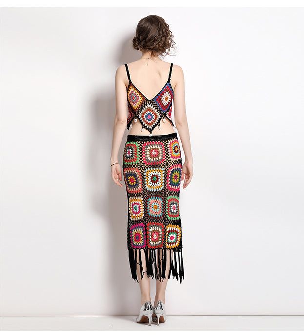 Tassel Hook Flower Knitted Suit Women's Halter Vest and Half Skirt Two-Piece Set