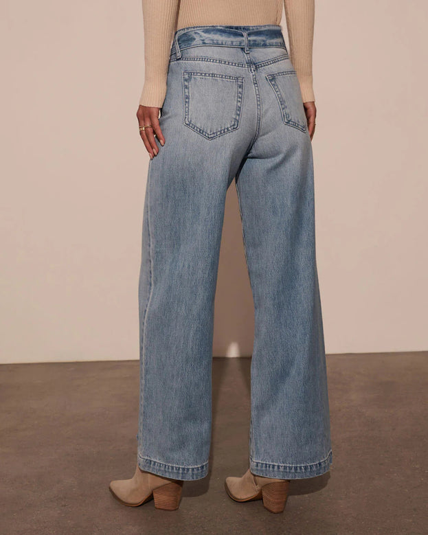 Summer Fashion High-Waisted and Wide-Leg Drawstring-Tie Washed Denim Pant for Women