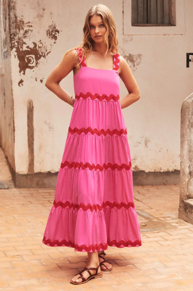 Summer Casual Square-Neck Colour-Blocking Loose Long Slip Dress for Women