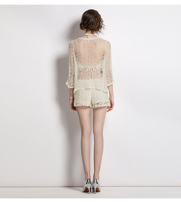Hollowed Out Sunscreen Cardigan an Hand Hook Hollowed Out Lace Shorts Three-Piece Set