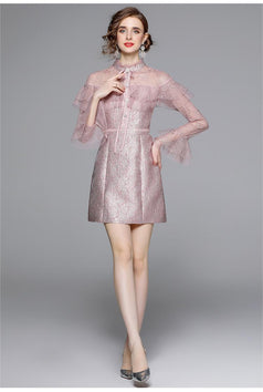 Fashion Vintage Gauze Embroidery Splicing Long-Sleeved Skirt Dress