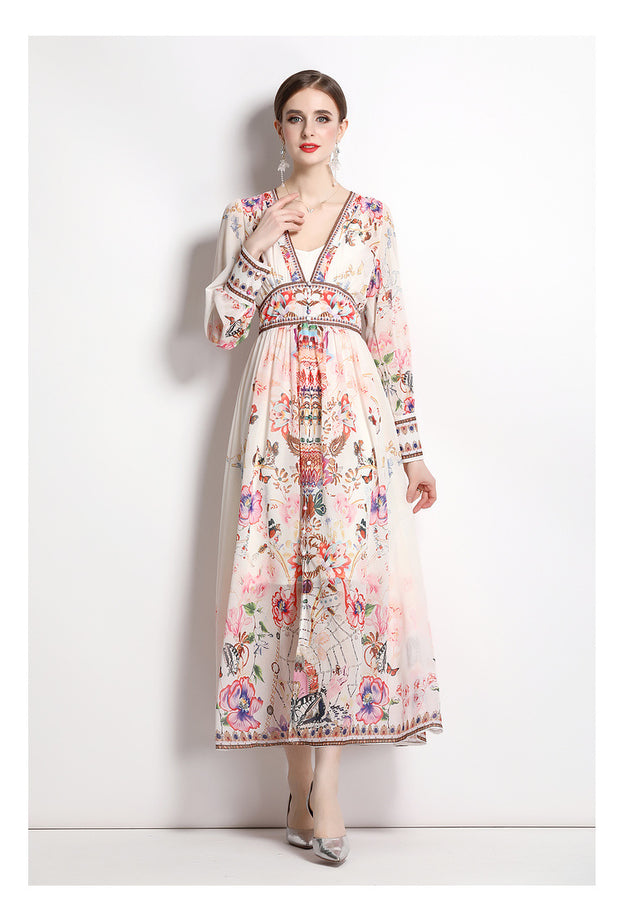 Temperament V-Neck Vintage Print Long-Sleeved Full-Length Dress with Waist Tucked in