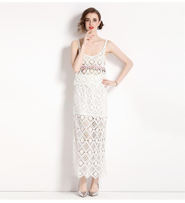 Hollowed Out Women's Sexy Halter Vest and High Waist Skirt Two-Piece Set