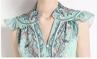 Vintage Printed V-Neck Sleeveless Slim A-Line Skirt Dress