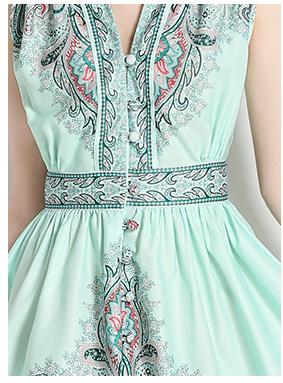Vintage Printed V-Neck Sleeveless Slim A-Line Skirt Dress
