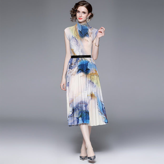 High Stretch Top and Printed Pleated Skirt Two-Piece Suit