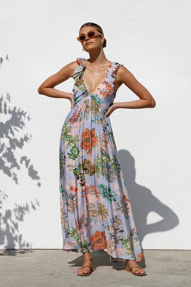 Summer Printed V-Neck Waisted Flowy Holiday-Style Slip Dress for Women