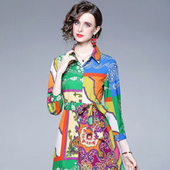 Fashion Temperament Dress Long-Sleeved Vintage Print Belt Tucked Mid-Length Skirt