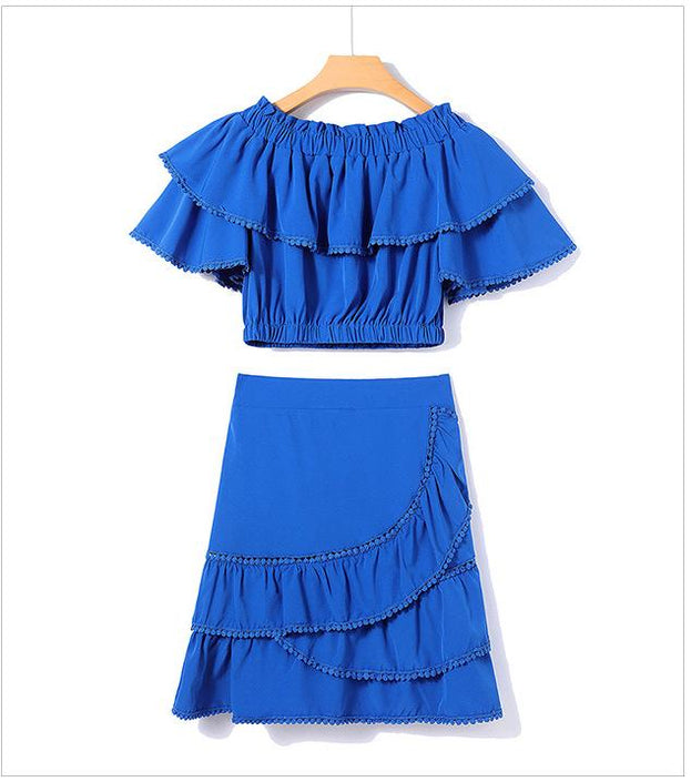 One Line Shoulder Wipe Chest Top and A Line Half Skirt Net Red Two-Piece Set