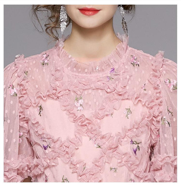 Floral Mid-Skirt Dress with Embroidered High Waist and Peplum Temperament in Pink