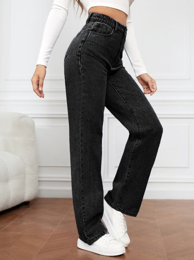 Summer Fashion Casual Loose Hight-Waist Washed Straight Denim Pant for Women