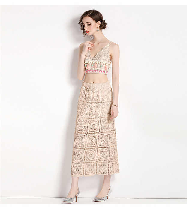 Hook Flower Embroidery Hollowed Out Short Style Suspender Top and Bag Hip Skirt Two-Piece Set