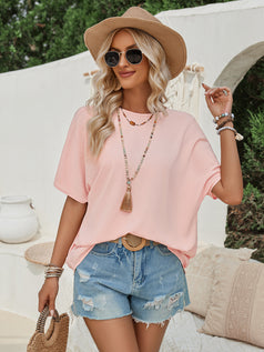 Summer Casual Round-Neck Loose Lace at the Back Short Sleeve Top for Women