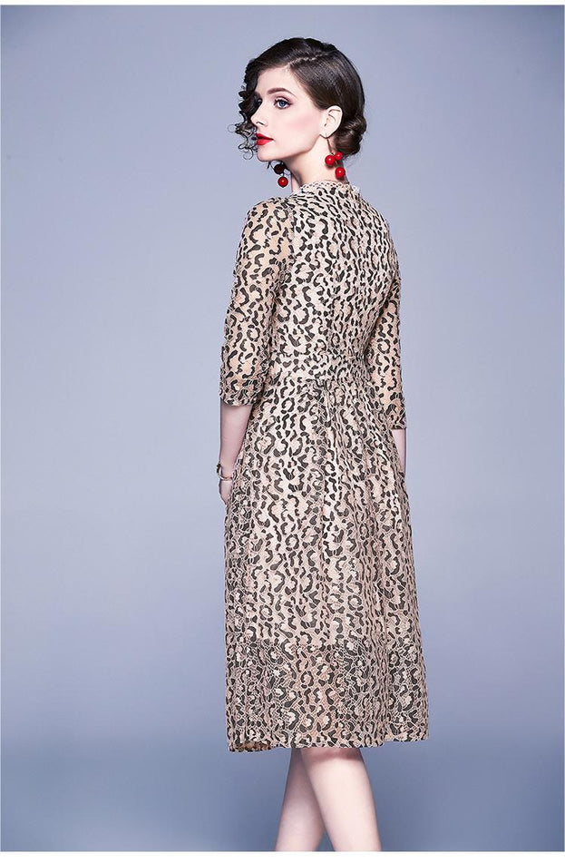 Vintage Leopard Print Lace Seven-Point Sleeve Slim MIDI Dress