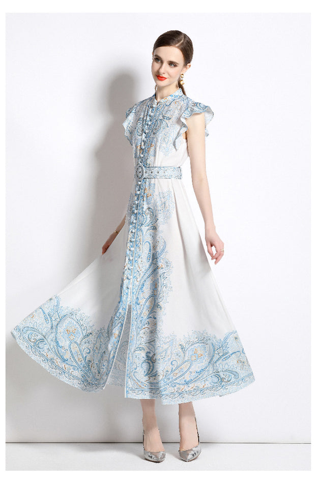 Vintage Fashion Print Dress Single Breasted Large Swing A-Line Skirt