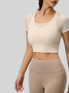 Mesh with Built-in Bra Yoga Sports Short-Sleeve Top for Women