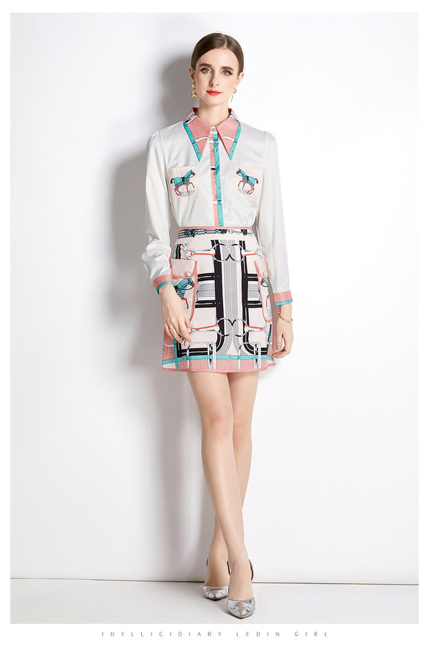 Long-Sleeved Shirt Two-Piece  Vintage Printed Fashion Temperament Skirt Suit