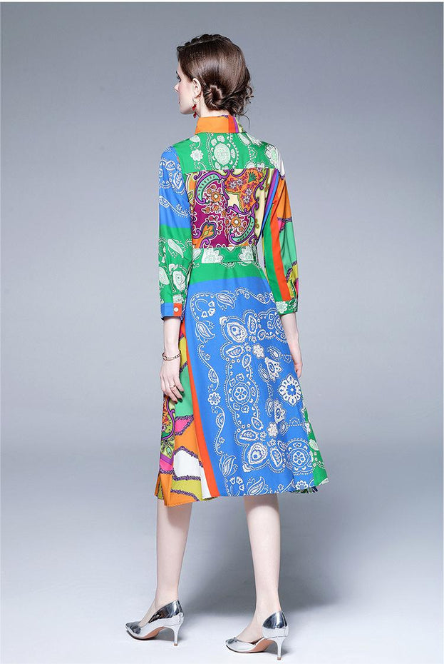 Fashion Temperament Dress Long-Sleeved Vintage Print Belt Tucked Mid-Length Skirt