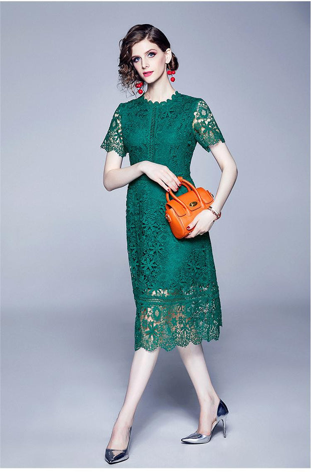 Water-Soluble Lace  Stitching Temperament Hook Flower Hollowed Out Short-Sleeved Dress