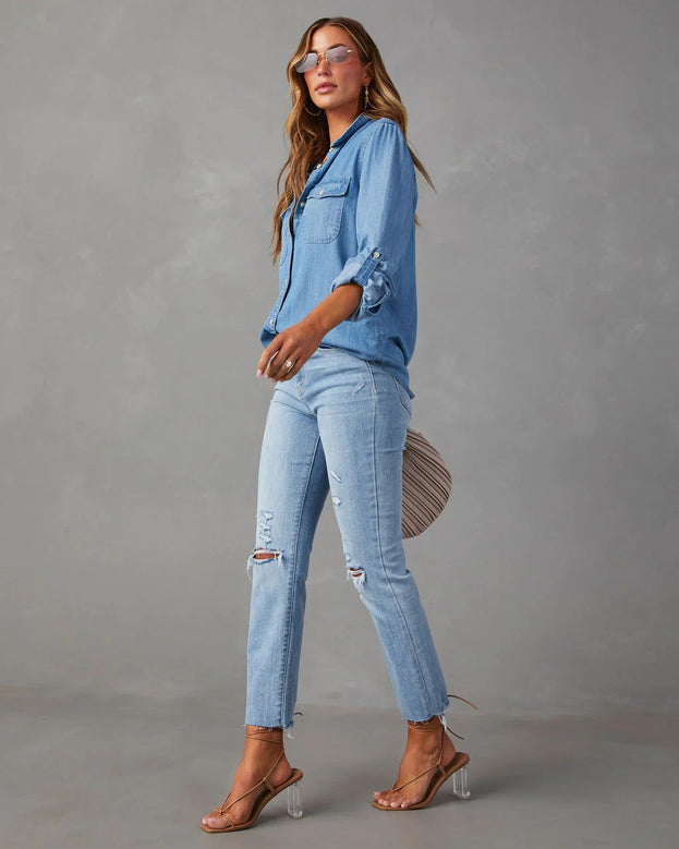 Fashion Casual Versatile Loose Polo-Neck Long Sleeve Denim Blouse for Women