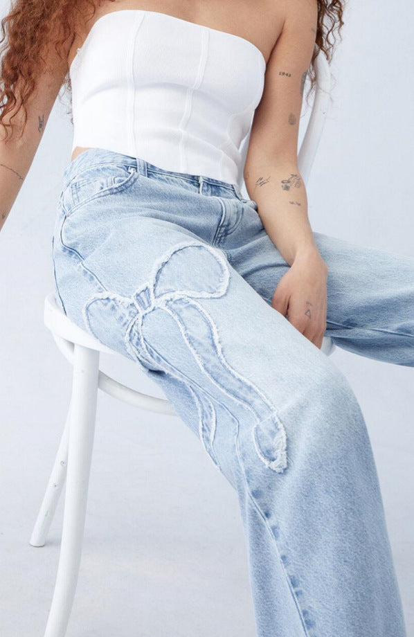 American Fashion Side-Fringed Butterfly-Embroidered Loose Straight Denim Pant for Women