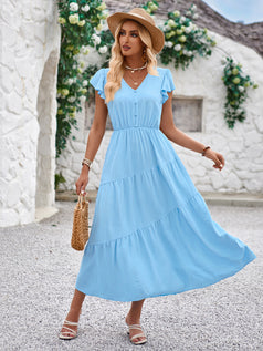 Summer Casual V-Neck Waisted Loose Ruffled-Sleeve Long Dress for Women