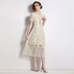 Solid Color Lace V-Neck Short Sleeve Bow Button Long Skirt Dress