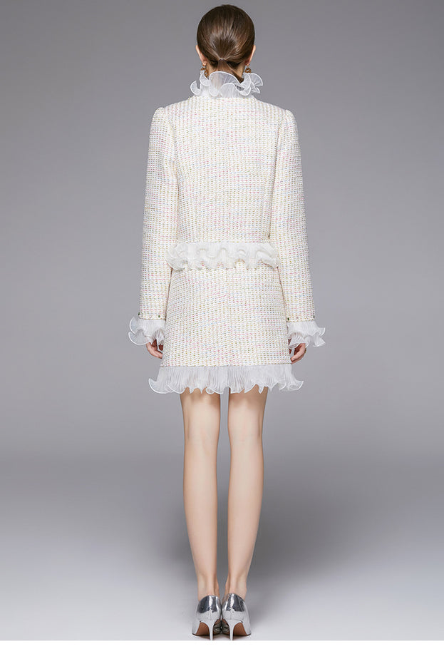 Tweed Stitching Mesh Yarn Coat and Half Skirt