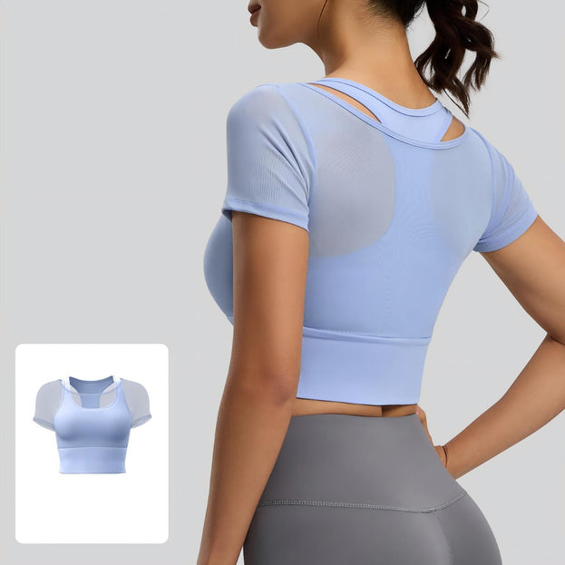 Mesh with Built-in Bra Yoga Sports Short-Sleeve Top for Women