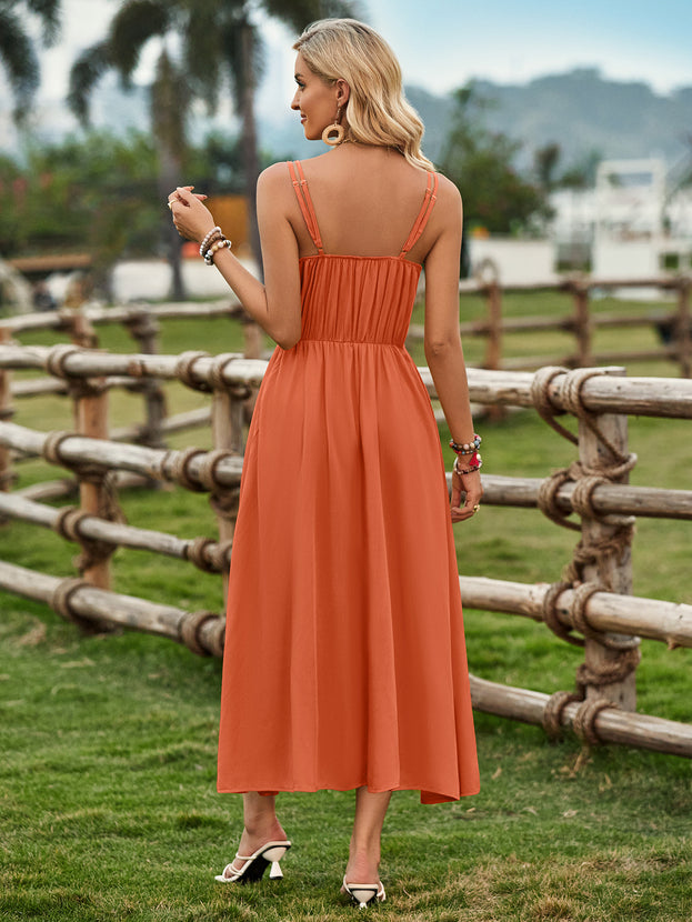 Summer Casual U-Neck Tie-Knot Waisted Loose Long Slip Dress for Women